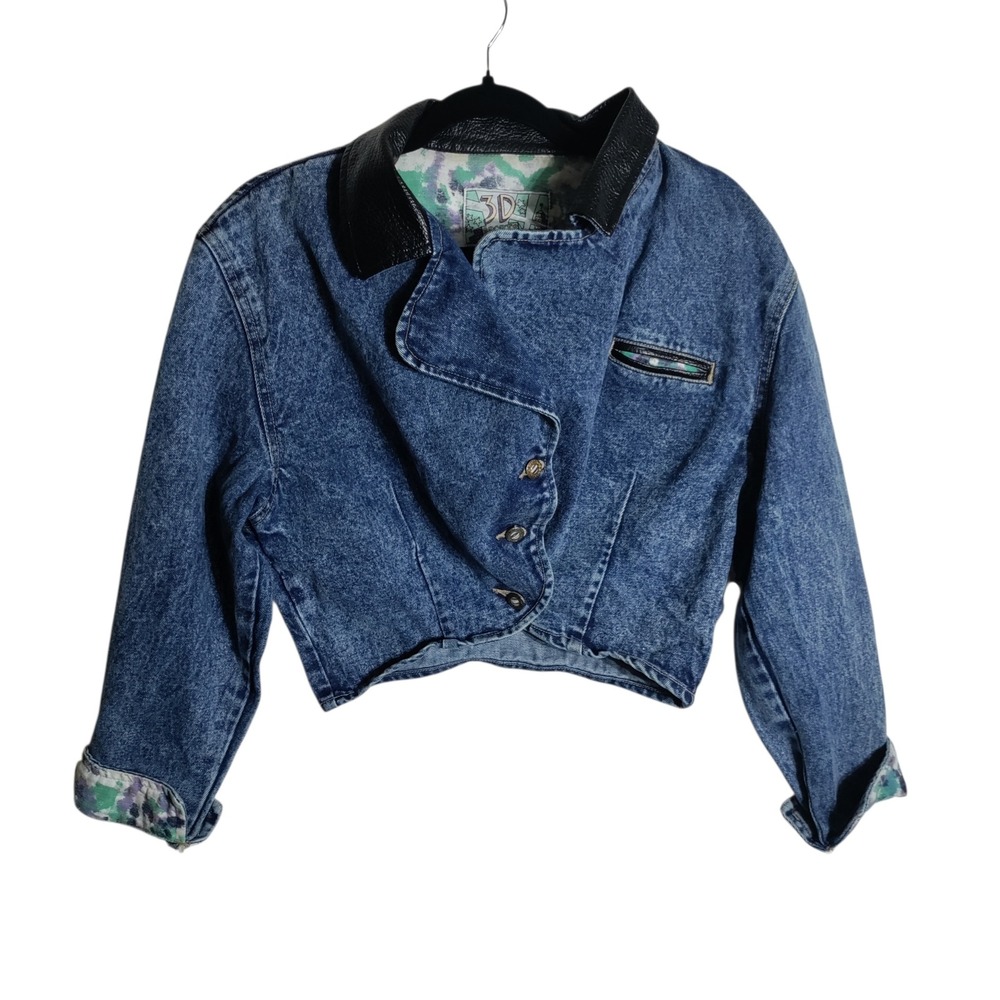 3D Sports Wear Vintage Acid Wash Denim Cropped Jacket Asymmetrical Blue Large